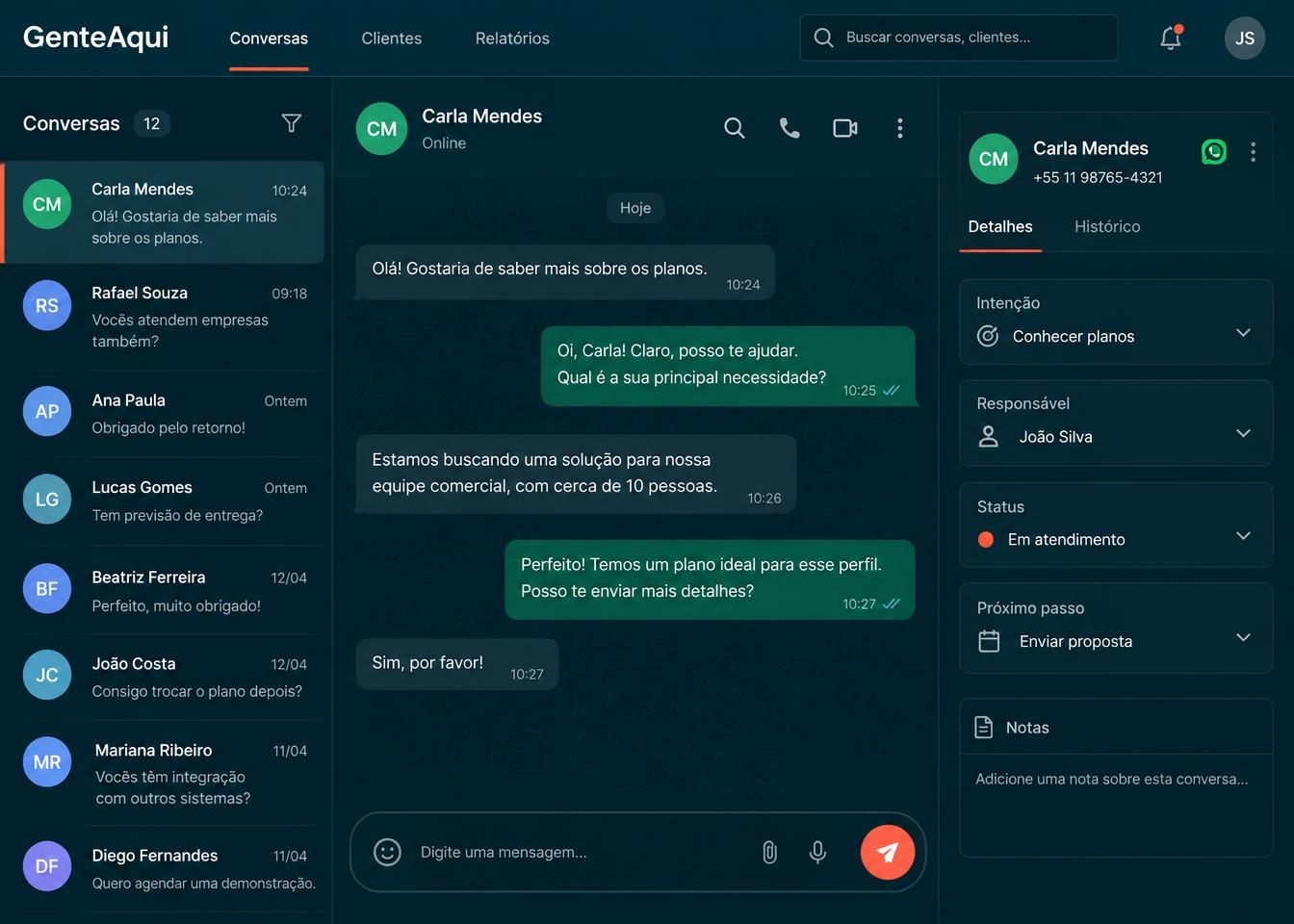 Painel da operação GenteAqui com caixa de entrada, conversa, intenção, responsável, status e próximo passo